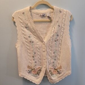 Cream Floral Embroidered Cable Knit Vest